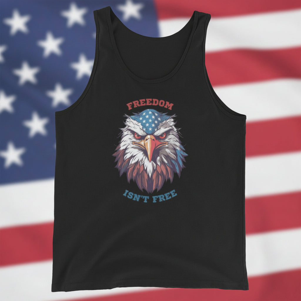 The most epic black tank top with an eagle design and 'Freedom Isn't Free' text in front of an American flag. Historic.